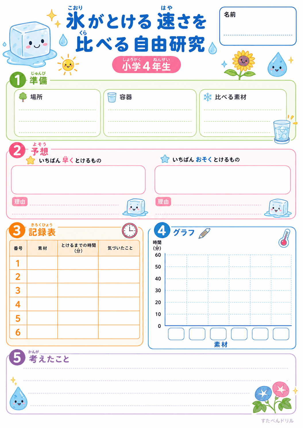 氷が溶ける速さを比べる自由研究プリント 小学4年生用|条件を詳しく書く無料PDF