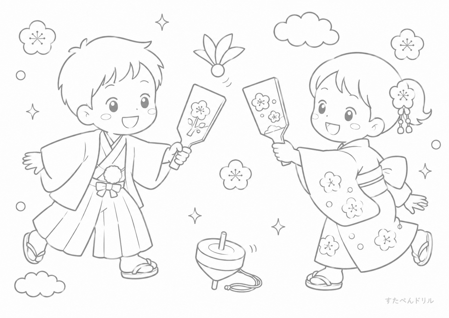 子どもたちの羽根つきあそび 1月 ぬりえ 塗り絵 無料プリント PDF