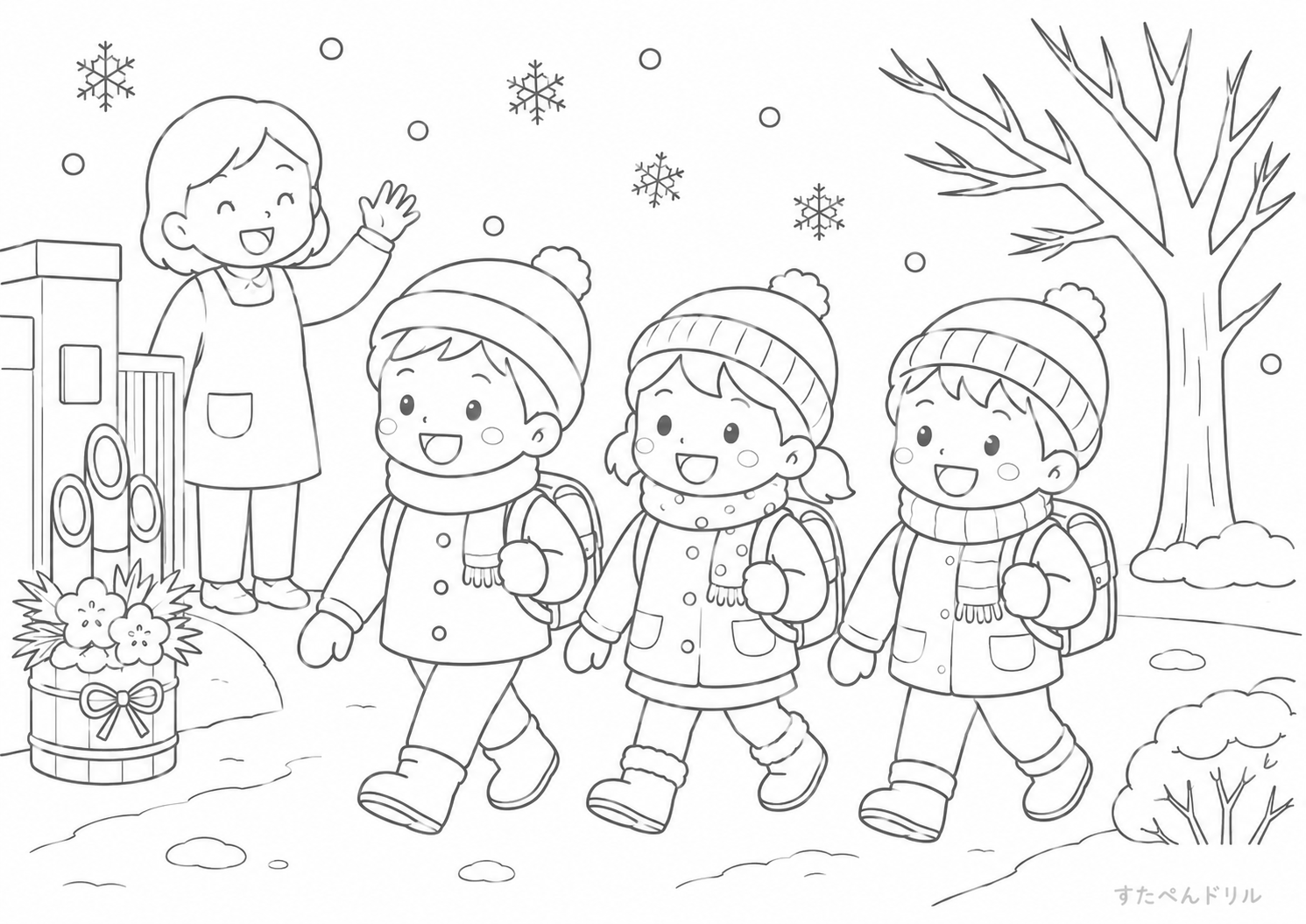 冬の登園風景 1月 ぬりえ 塗り絵 無料プリント PDF