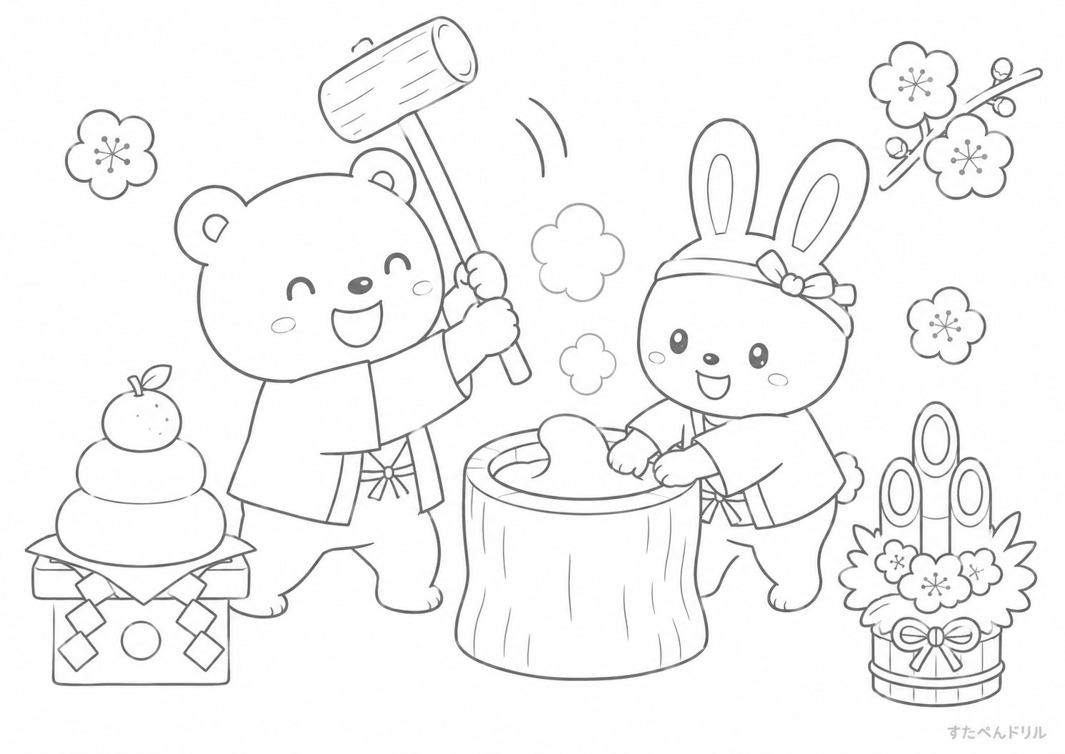 動物たちのお餅つき 1月 ぬりえ 塗り絵 無料プリント PDF