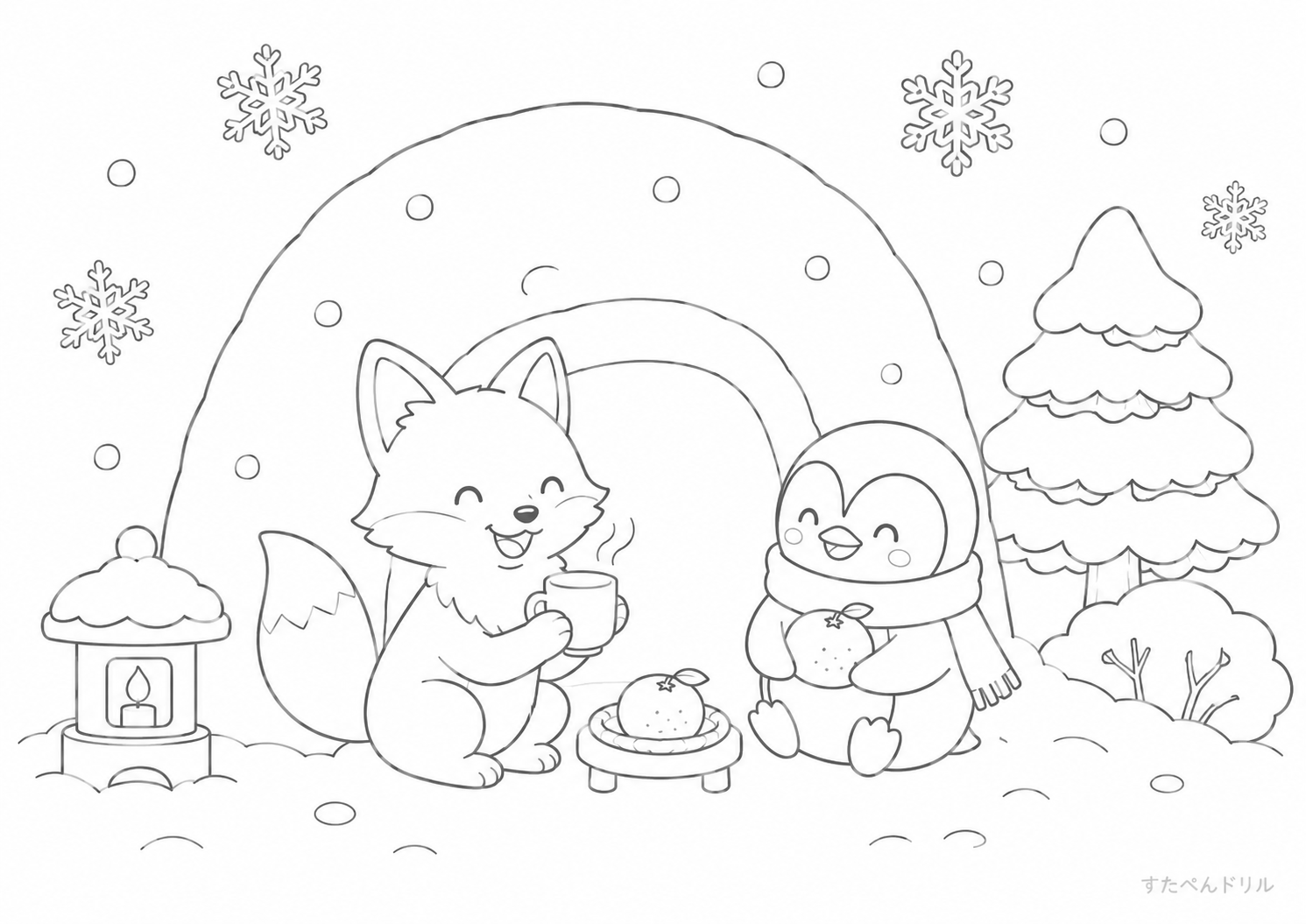 冬の雪景色と動物たち 1月 ぬりえ 塗り絵 無料プリント PDF