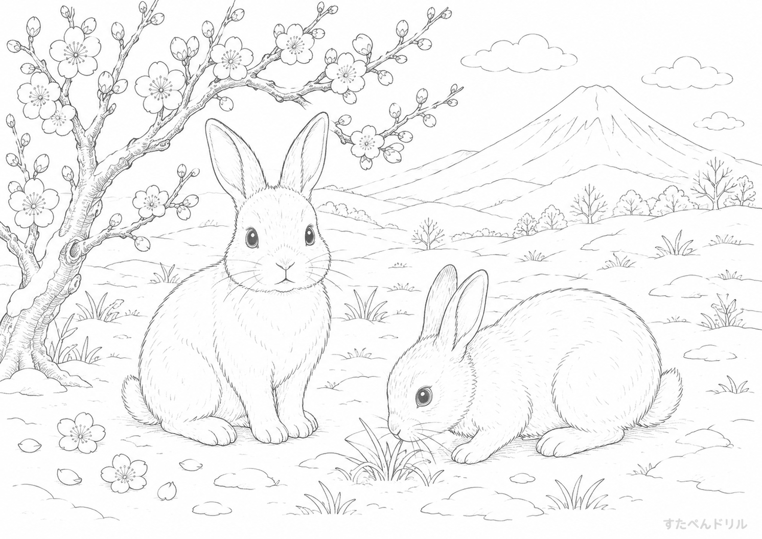 冬の景色とウサギたち 1月 ぬりえ 塗り絵 無料プリント PDF