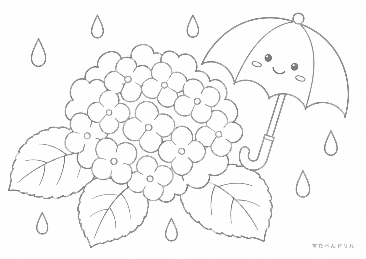 6月 ぬりえ 01 あじさいとにっこり傘の雨の日