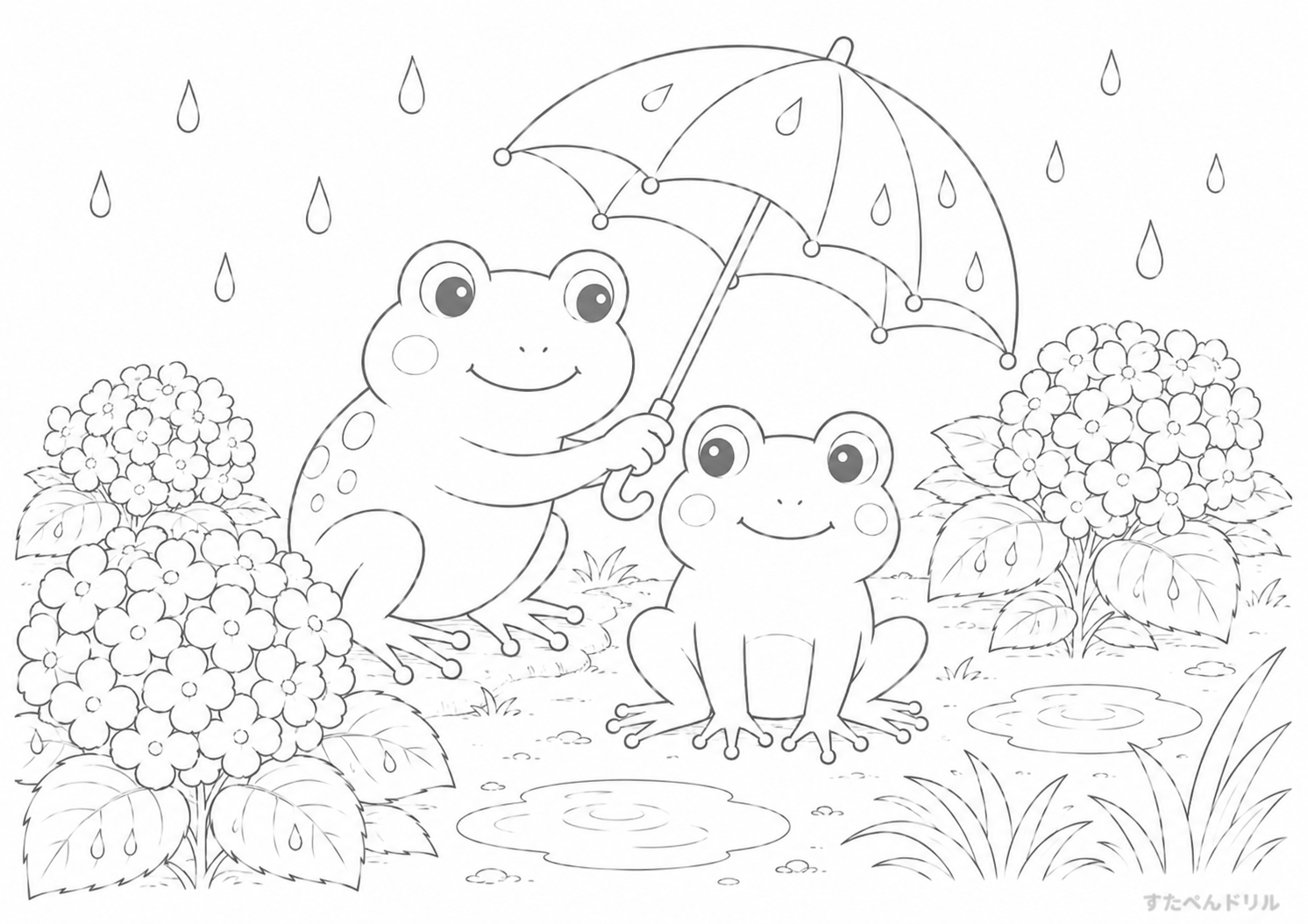 6月 ぬりえ 02 あじさい畑のかえる親子と傘
