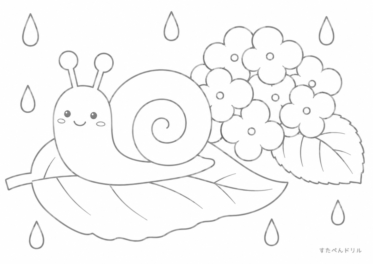 6月 ぬりえ 03 あじさいとかたつむりの雨さんぽ