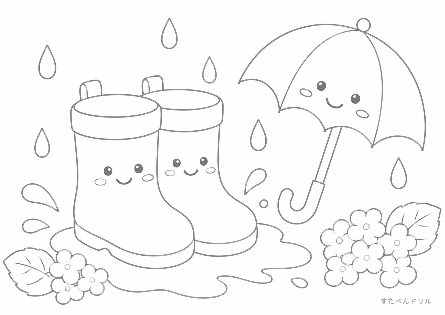 6月 ぬりえ 04 ながぐつと傘の雨の日