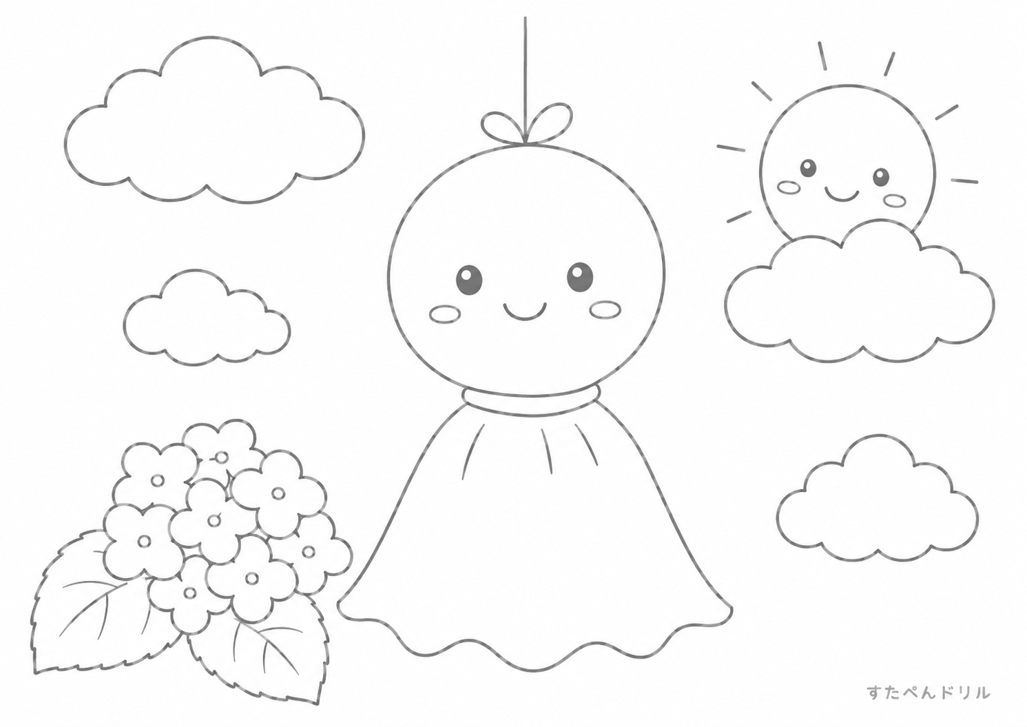 6月 ぬりえ 05 てるてる坊主と晴れ間の空