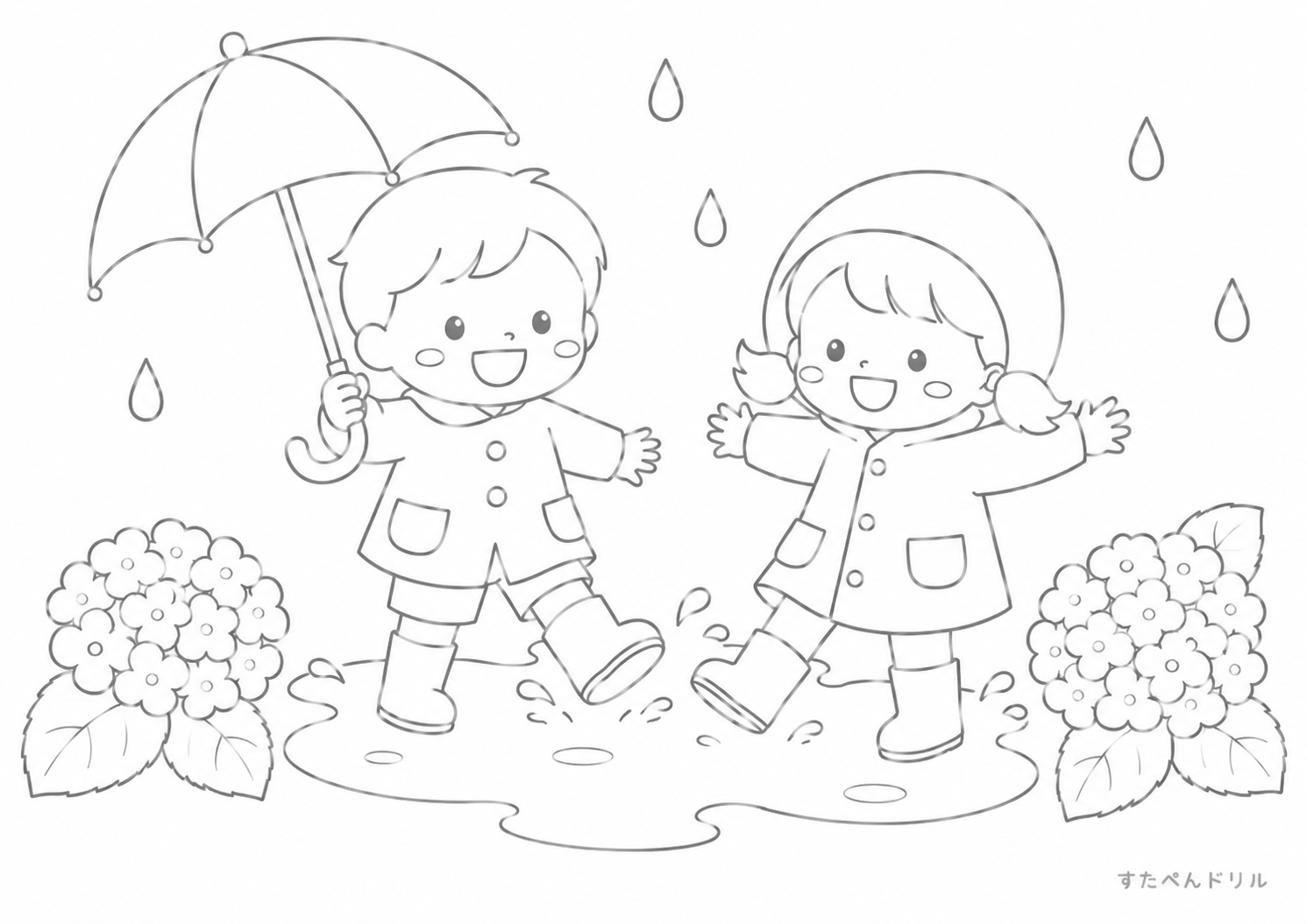 6月 ぬりえ 06 雨の日に水たまりで遊ぶ子どもたち