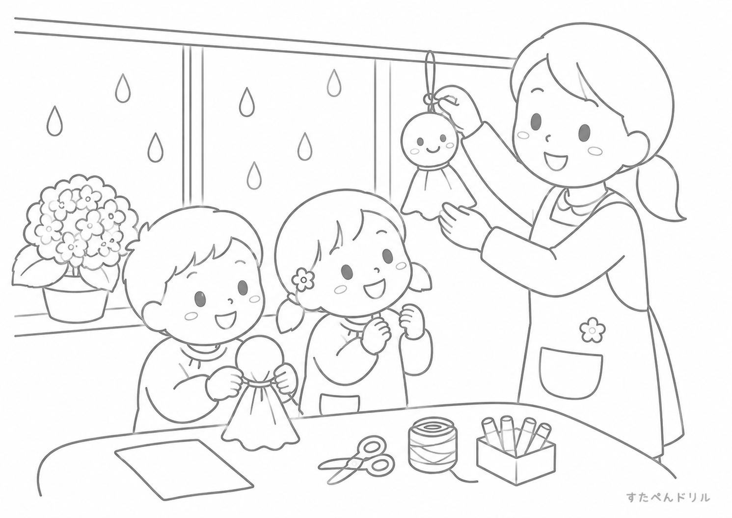 6月 ぬりえ 07 保育室でてるてる坊主づくり