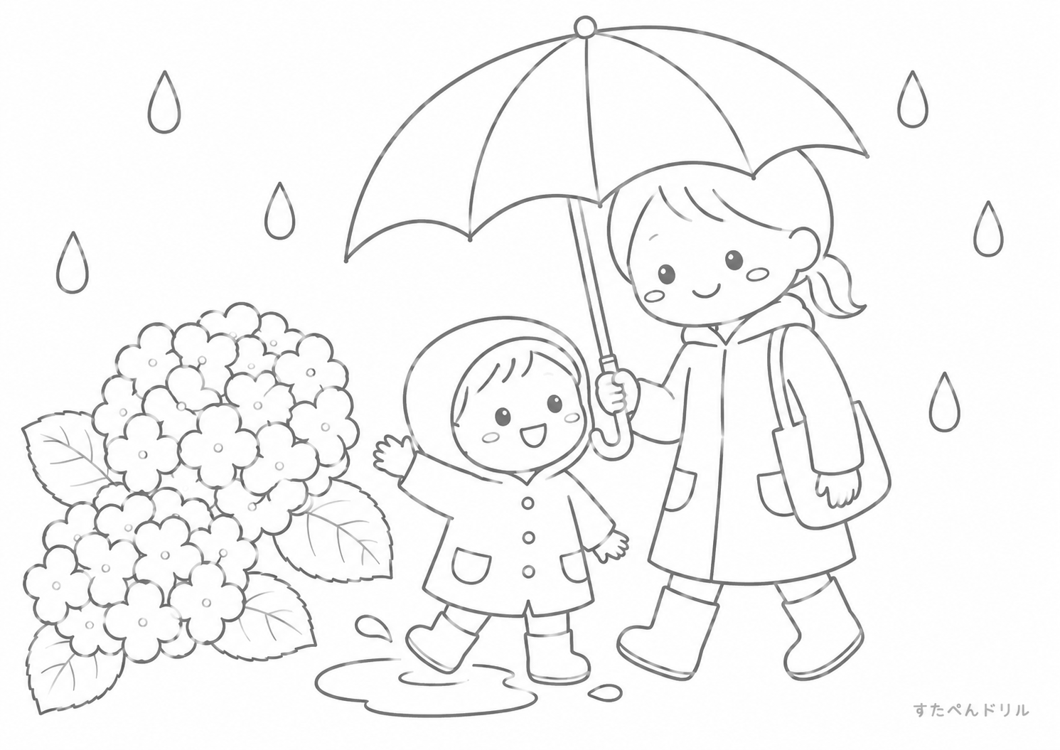 6月 ぬりえ 08 親子であじさい雨さんぽ