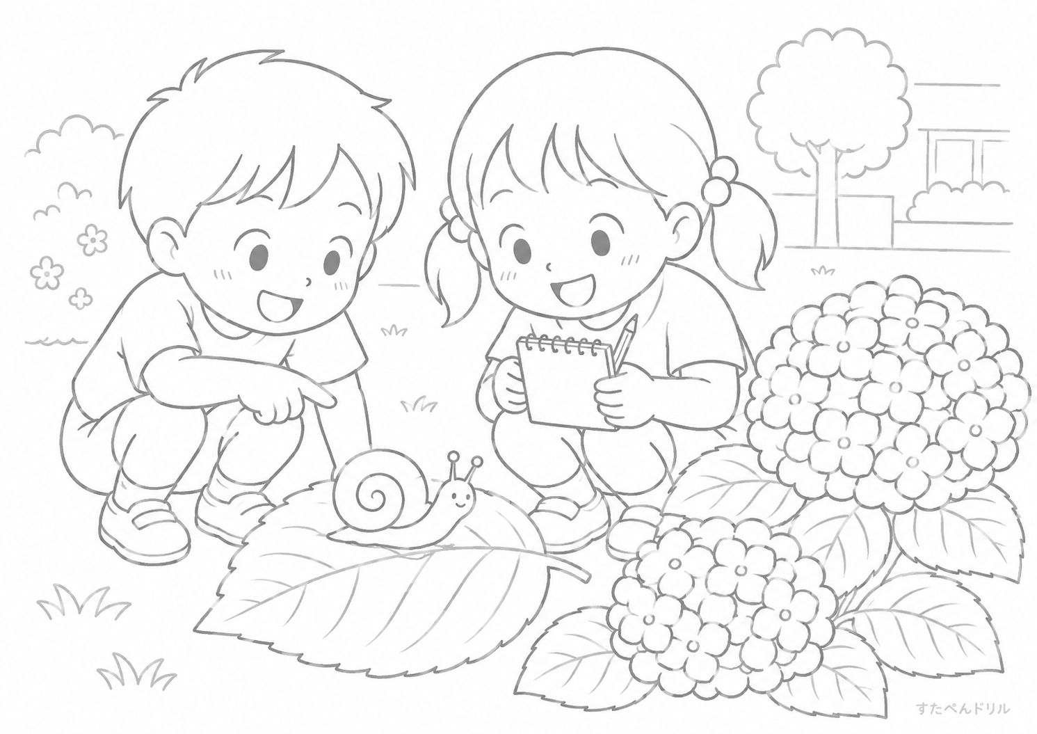 6月 ぬりえ 09 あじさいとかたつむり観察