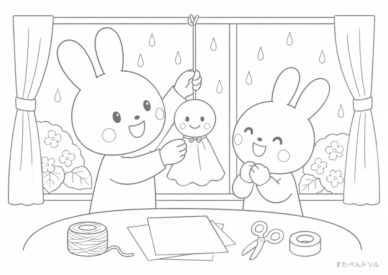 6月 ぬりえ 11 うさぎのてるてる坊主づくり