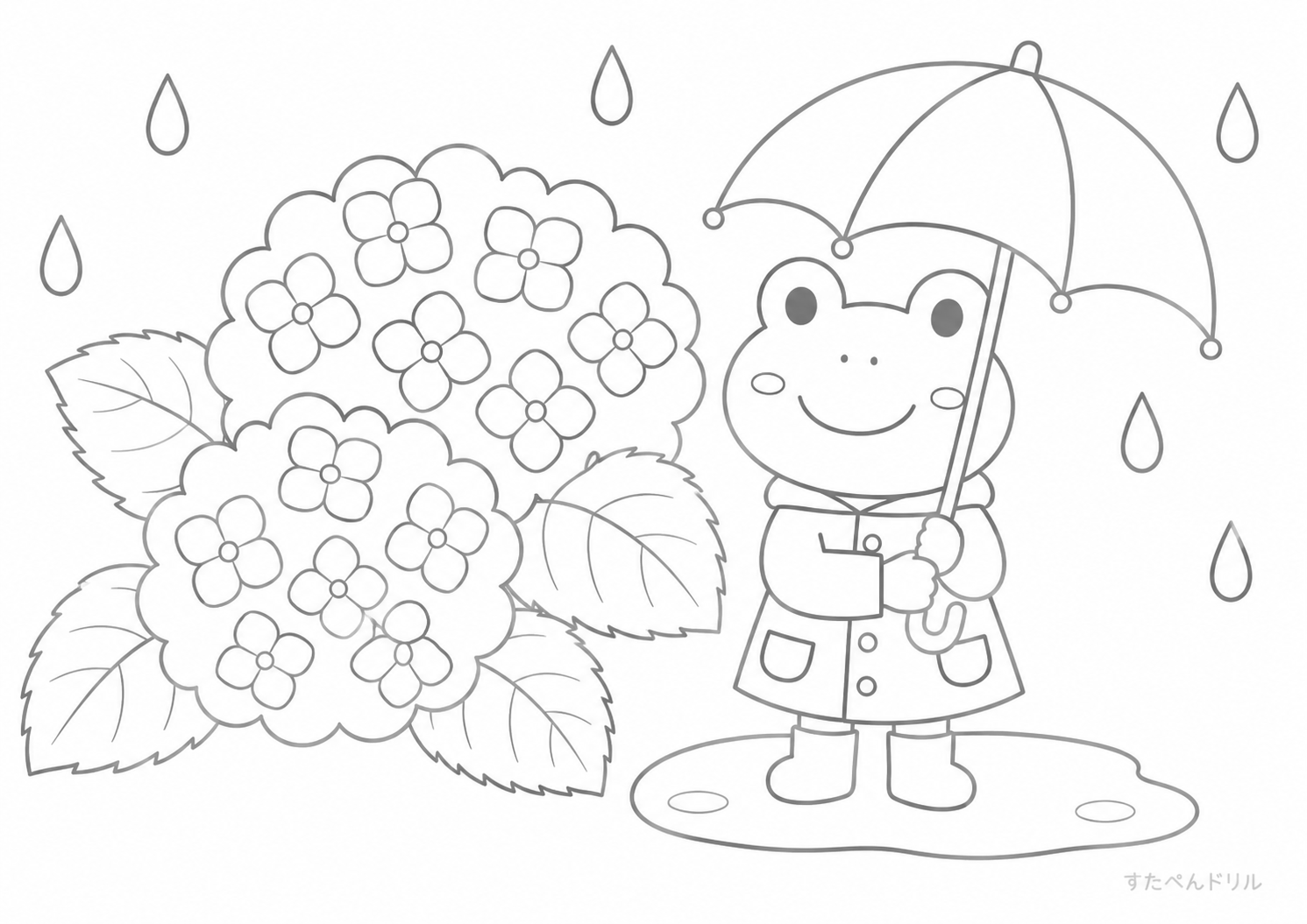 6月 ぬりえ 13 かえるとあじさいの雨さんぽ