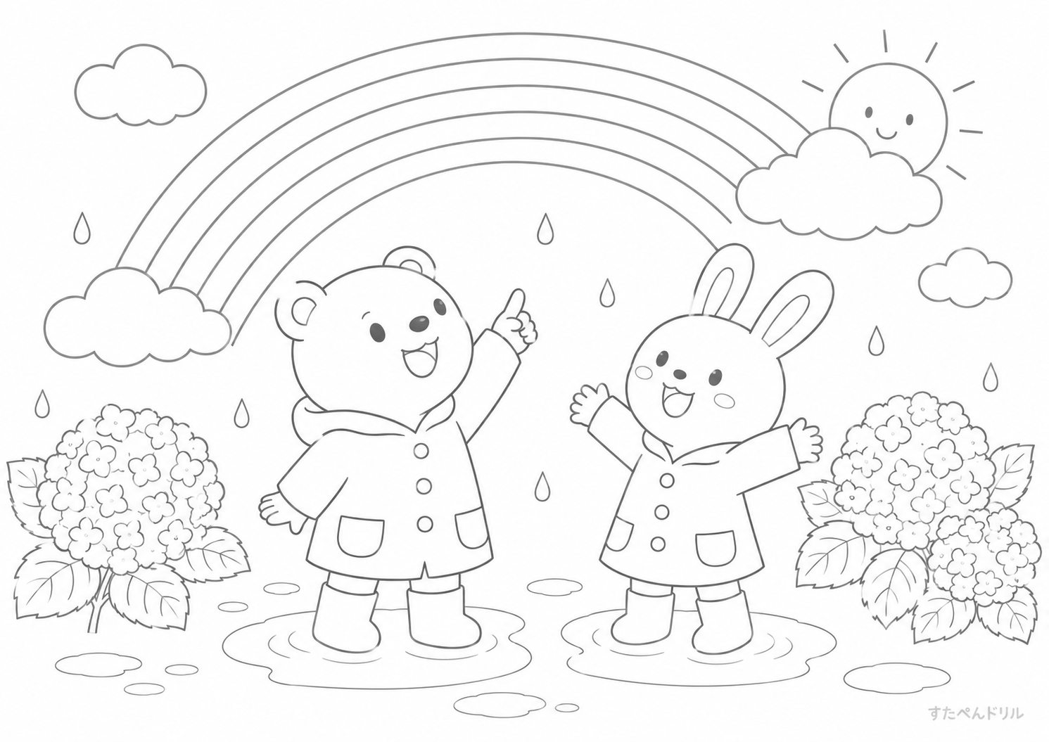 6月 ぬりえ 15 雨上がりの虹とくま・うさぎ