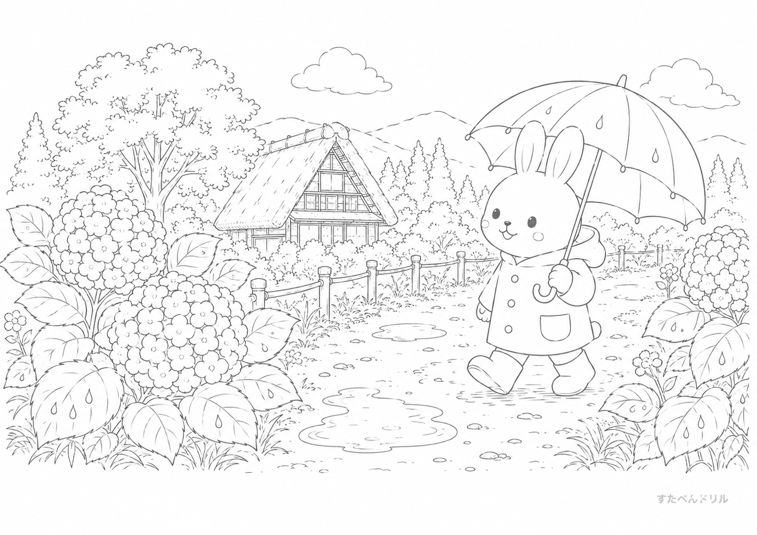 6月 ぬりえ 20 あじさい咲く里山を歩くうさぎ