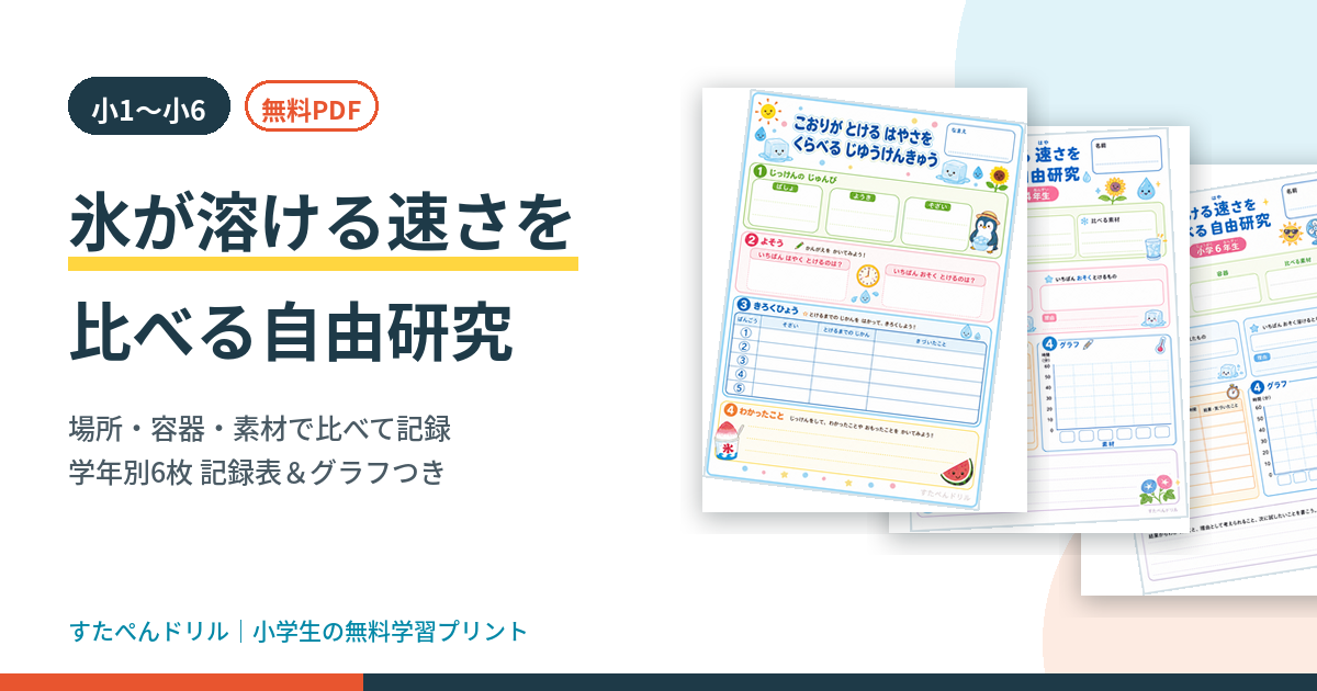 氷が溶ける速さを比べる自由研究プリント｜小1〜小6の学年別6枚