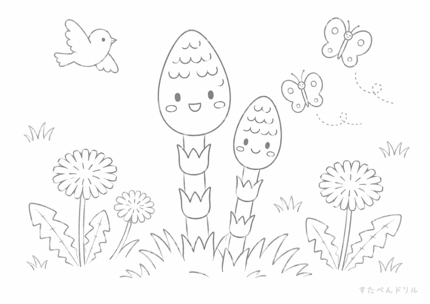 春の草原と笑顔のつくし 3月 ぬりえ 無料プリント