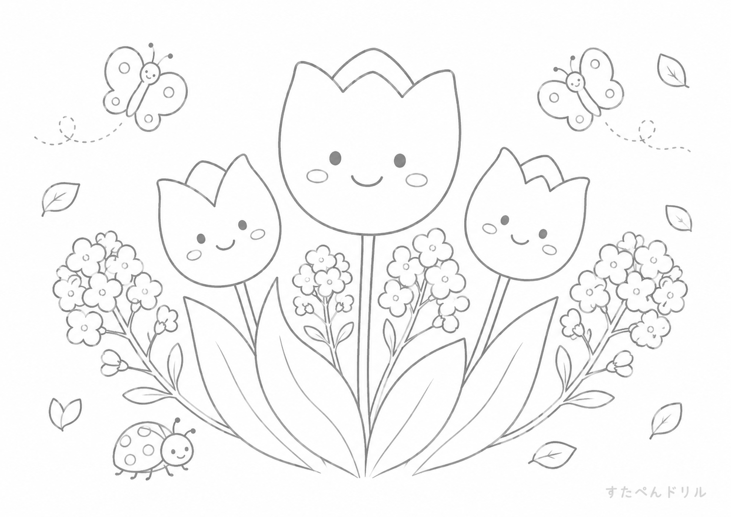 春の花と虫たちの可愛いアレンジ 3月 ぬりえ 無料プリント