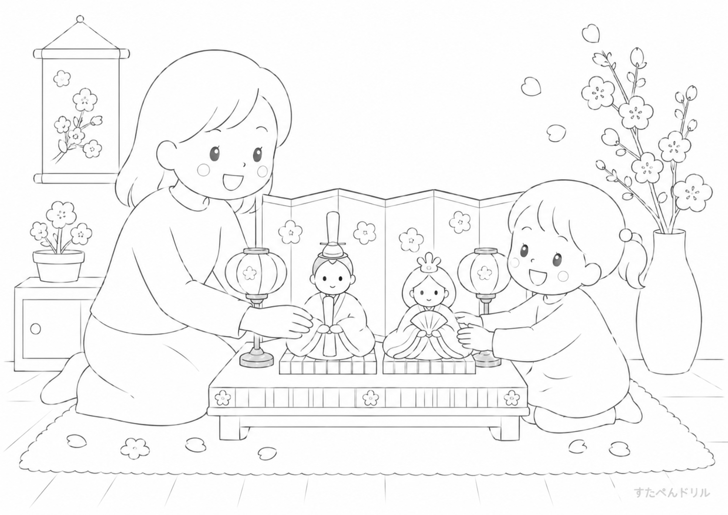 ひな祭りの飾り付け 3月 ぬりえ 無料プリント