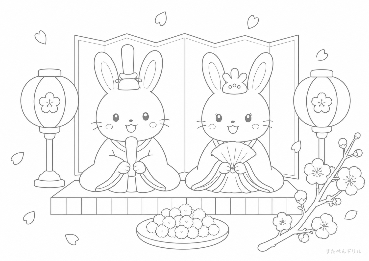 うさぎのひな祭り 3月 ぬりえ 無料プリント
