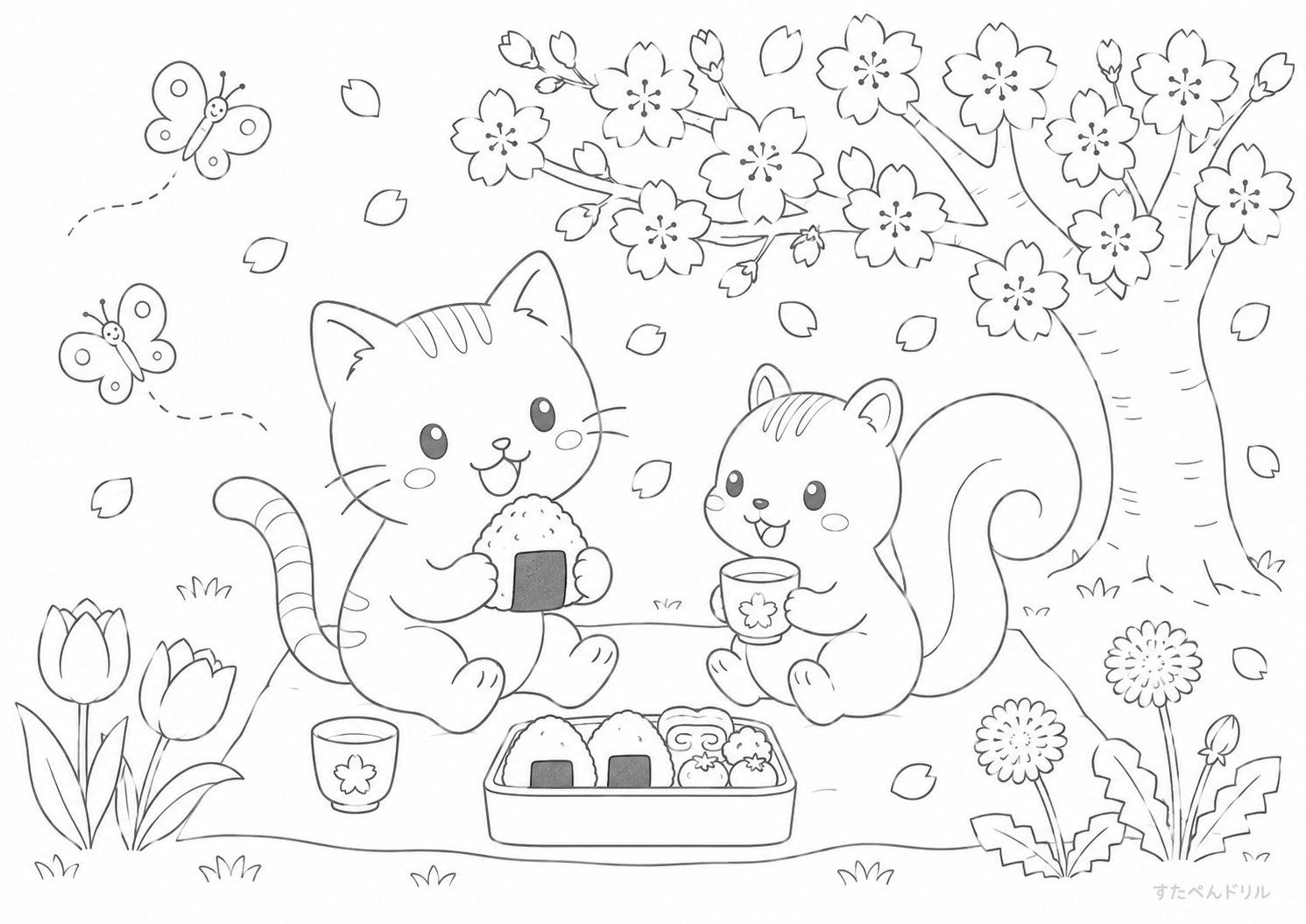 春の日のピクニック 3月 ぬりえ 無料プリント