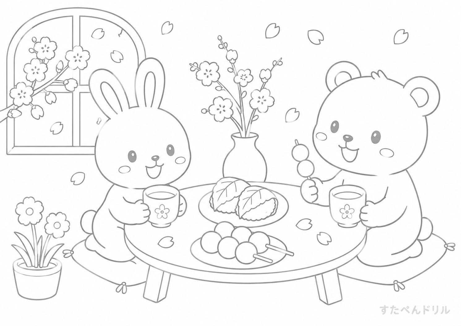 春のティーパーティー 3月 ぬりえ 無料プリント