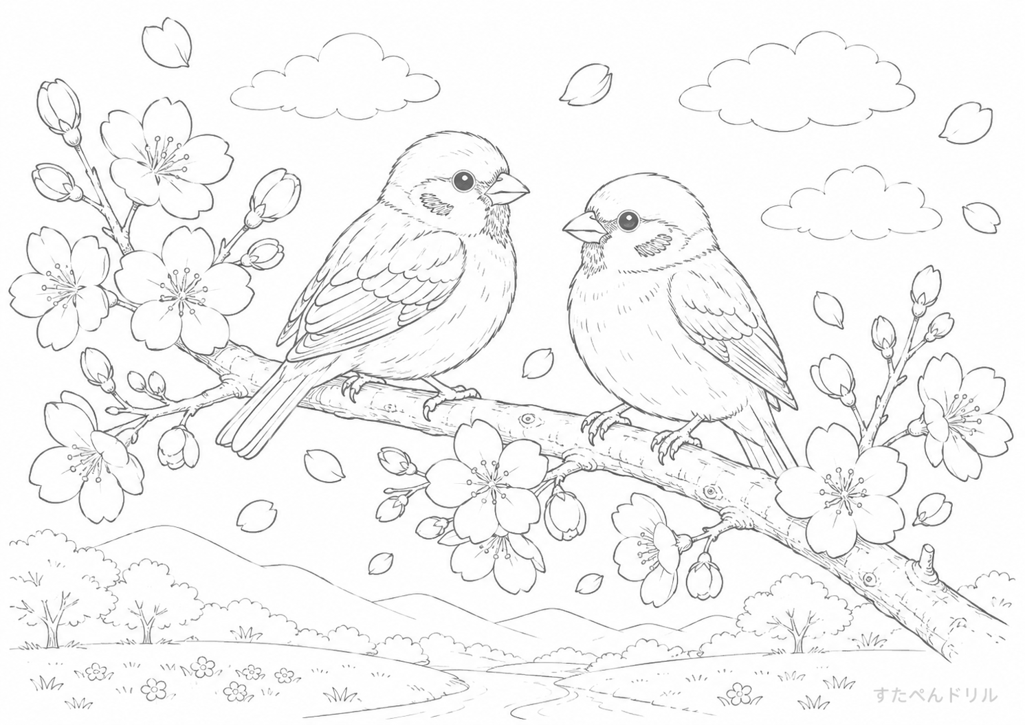 春の桜と小鳥の風景 3月 ぬりえ 無料プリント