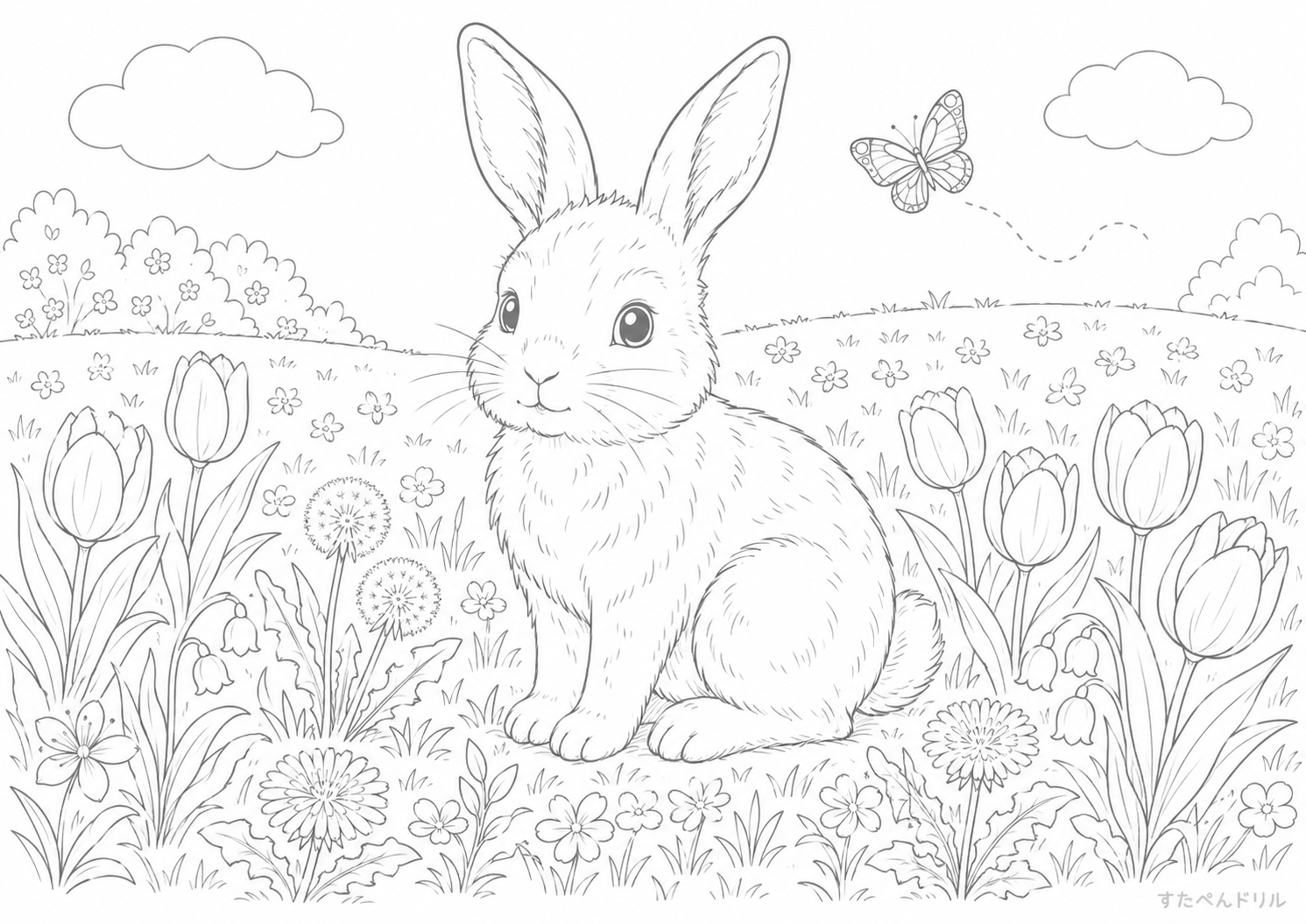 春の花畑のうさぎ 3月 ぬりえ 無料プリント