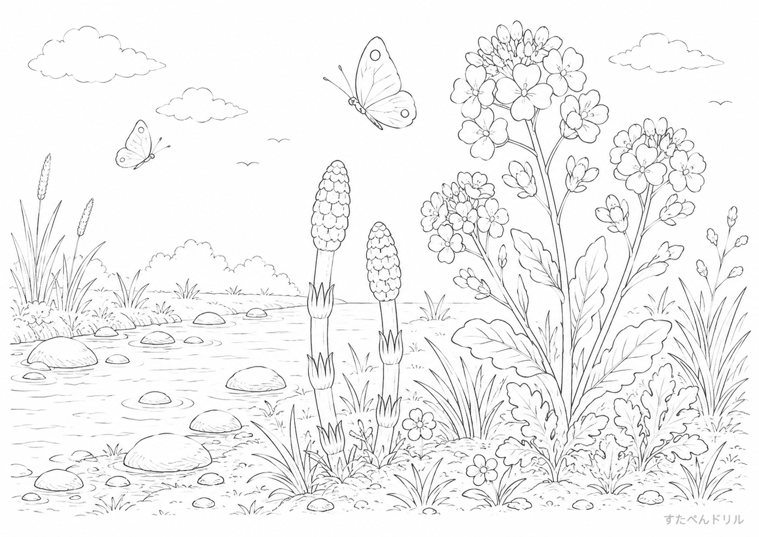 春の川辺の風景 3月 ぬりえ 無料プリント