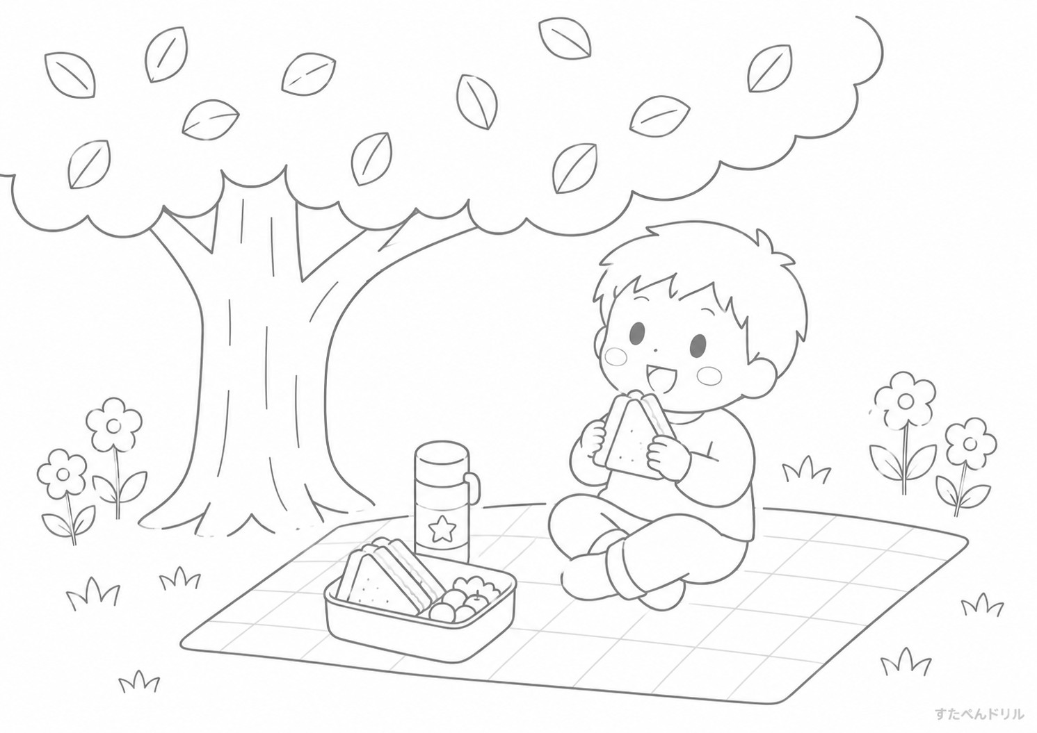 新緑の木の下でピクニック 5月 ぬりえ 塗り絵 無料 PDF
