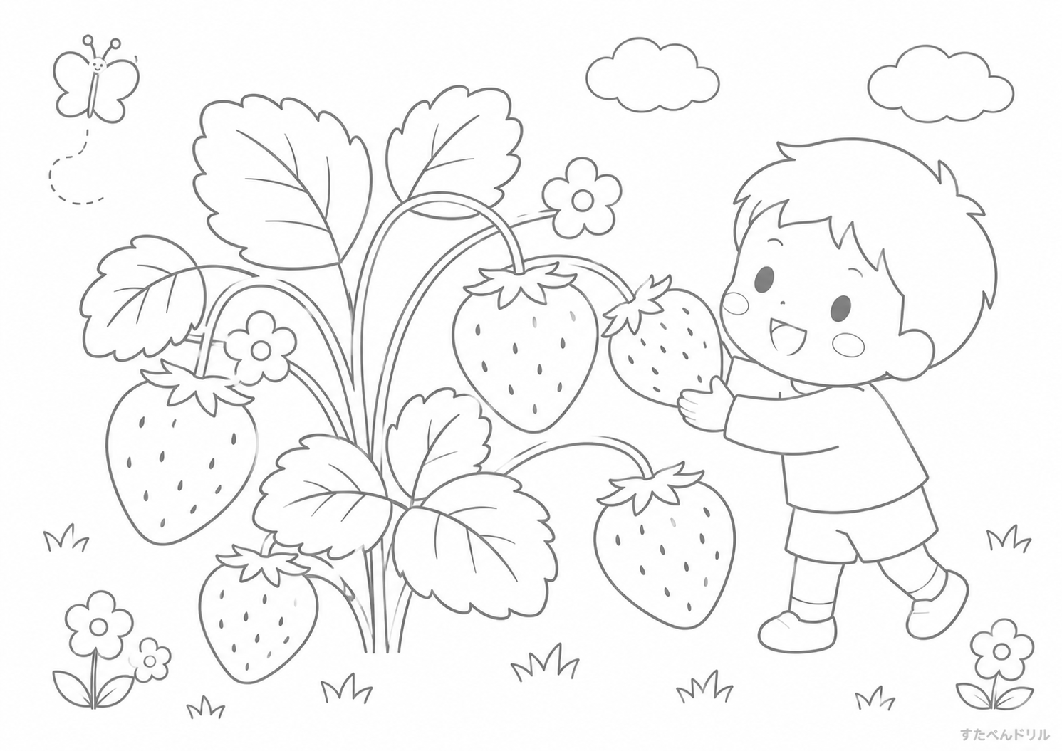 いちご摘みを楽しむ子ども 5月 ぬりえ 塗り絵 無料 PDF
