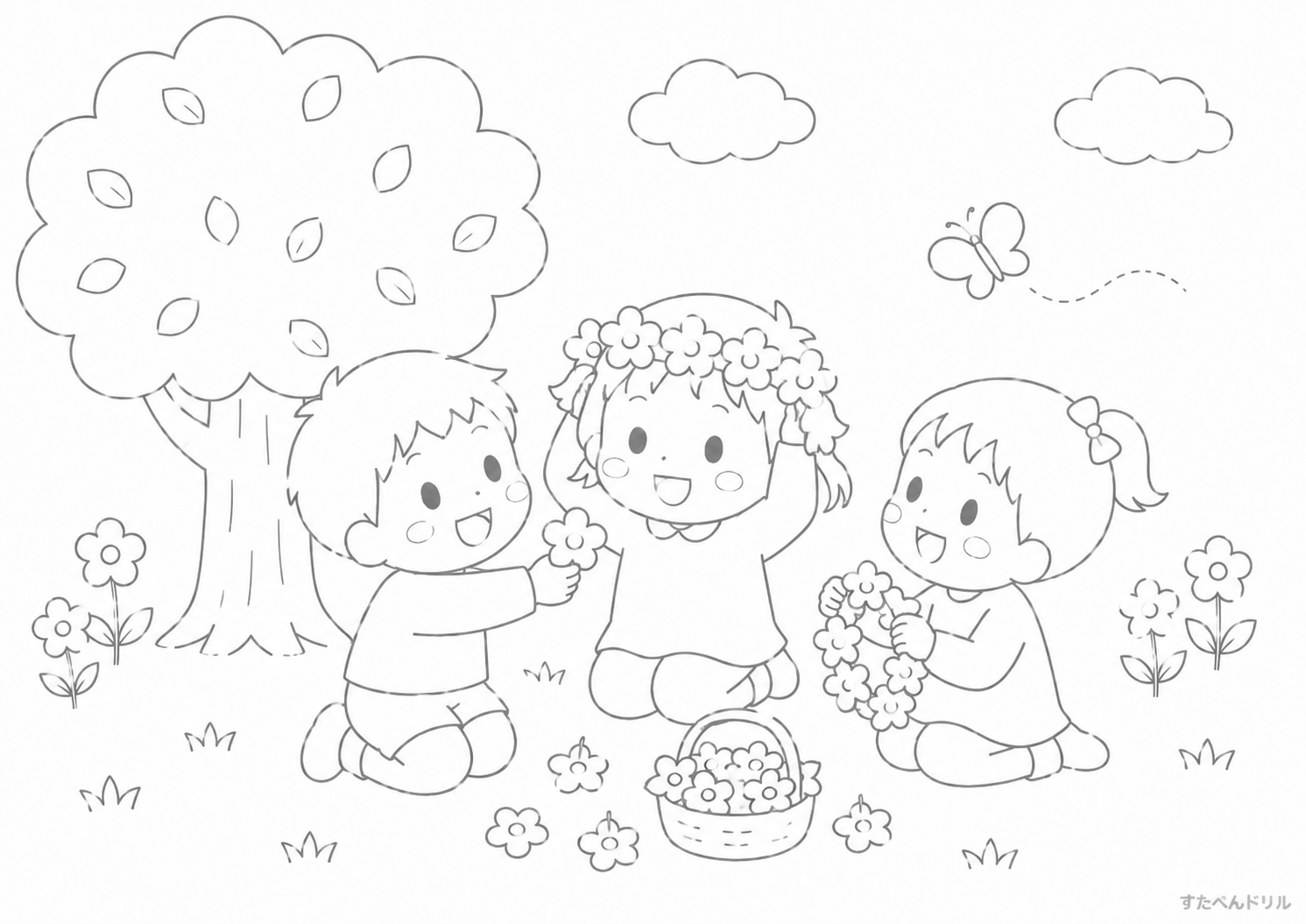 友達と花冠づくり 5月 ぬりえ 塗り絵 無料 PDF