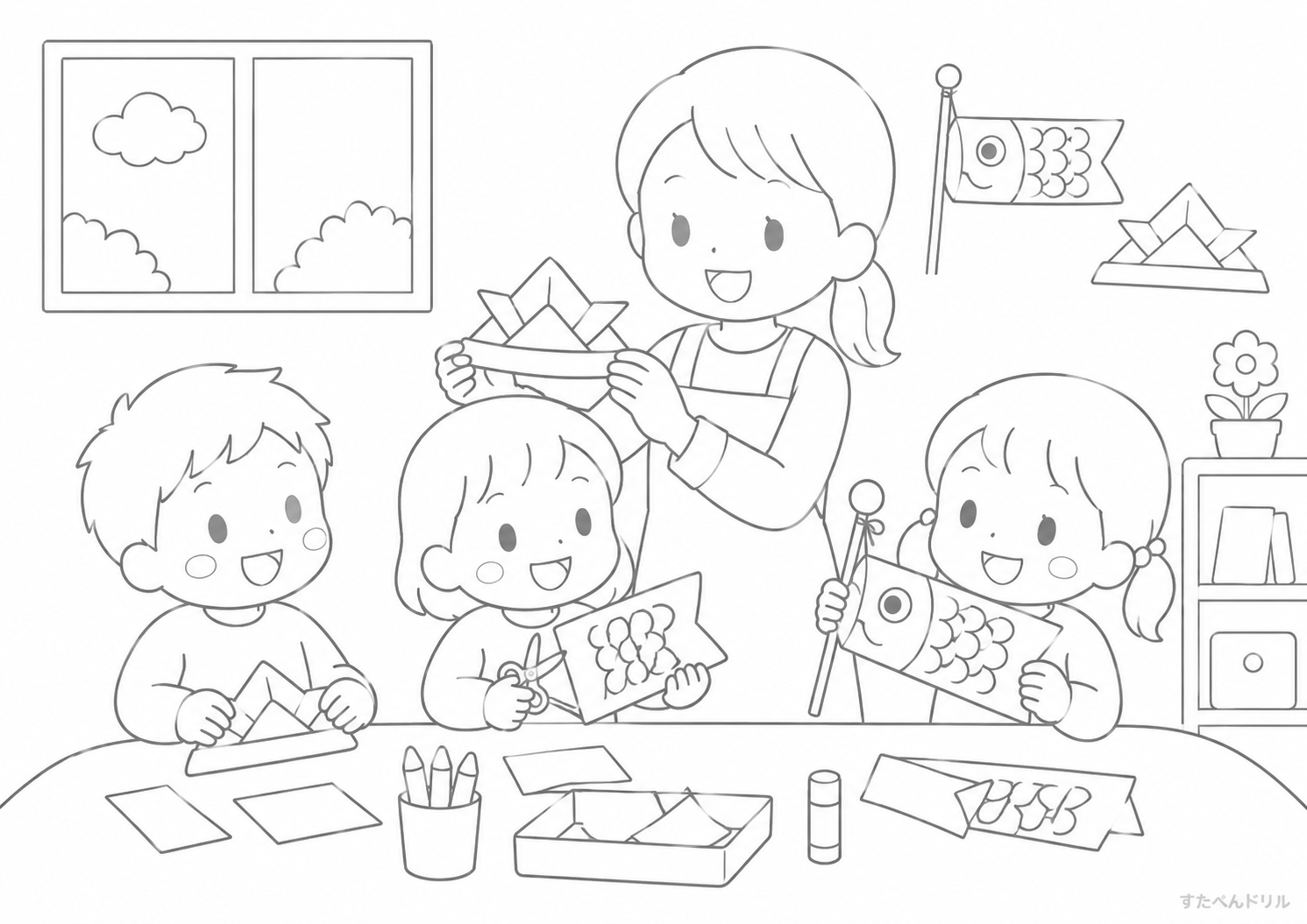 園でこいのぼりと兜の工作 5月 ぬりえ 塗り絵 無料 PDF