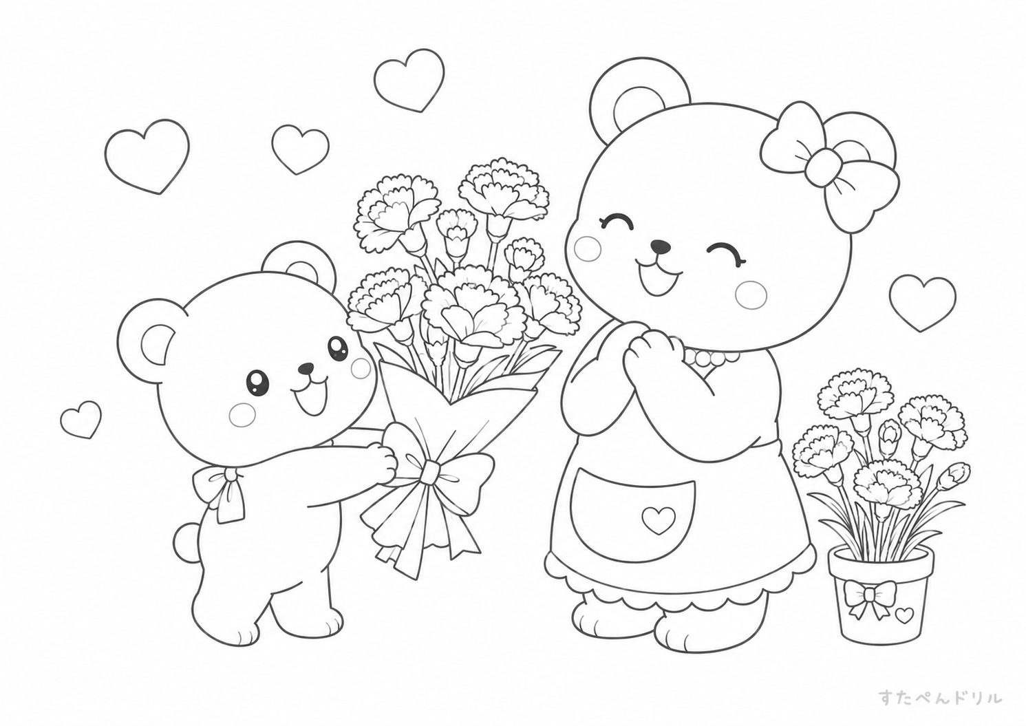 くまの親子と母の日の花束 5月 ぬりえ 塗り絵 無料 PDF