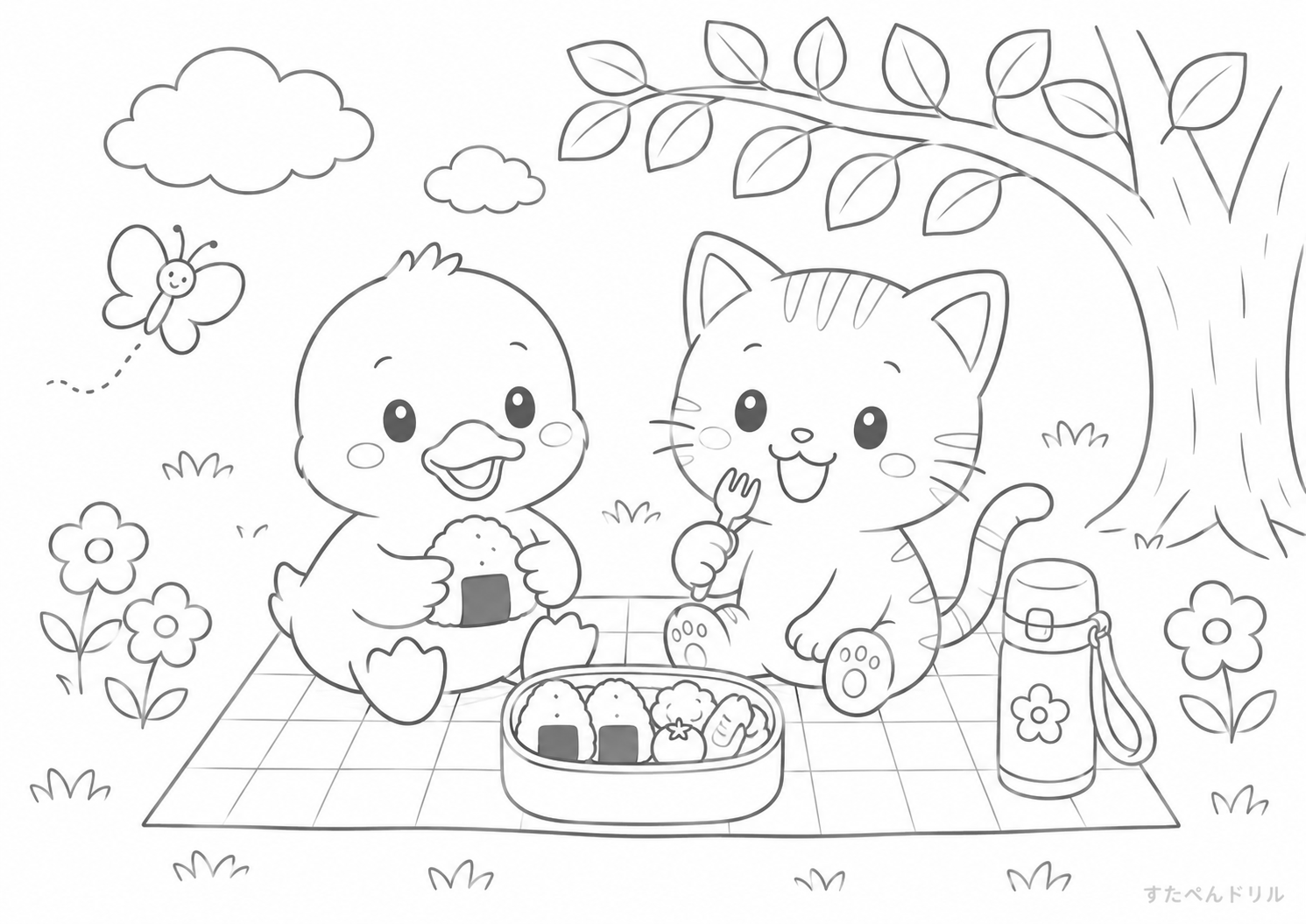 あひるとねこの春の遠足 5月 ぬりえ 塗り絵 無料 PDF