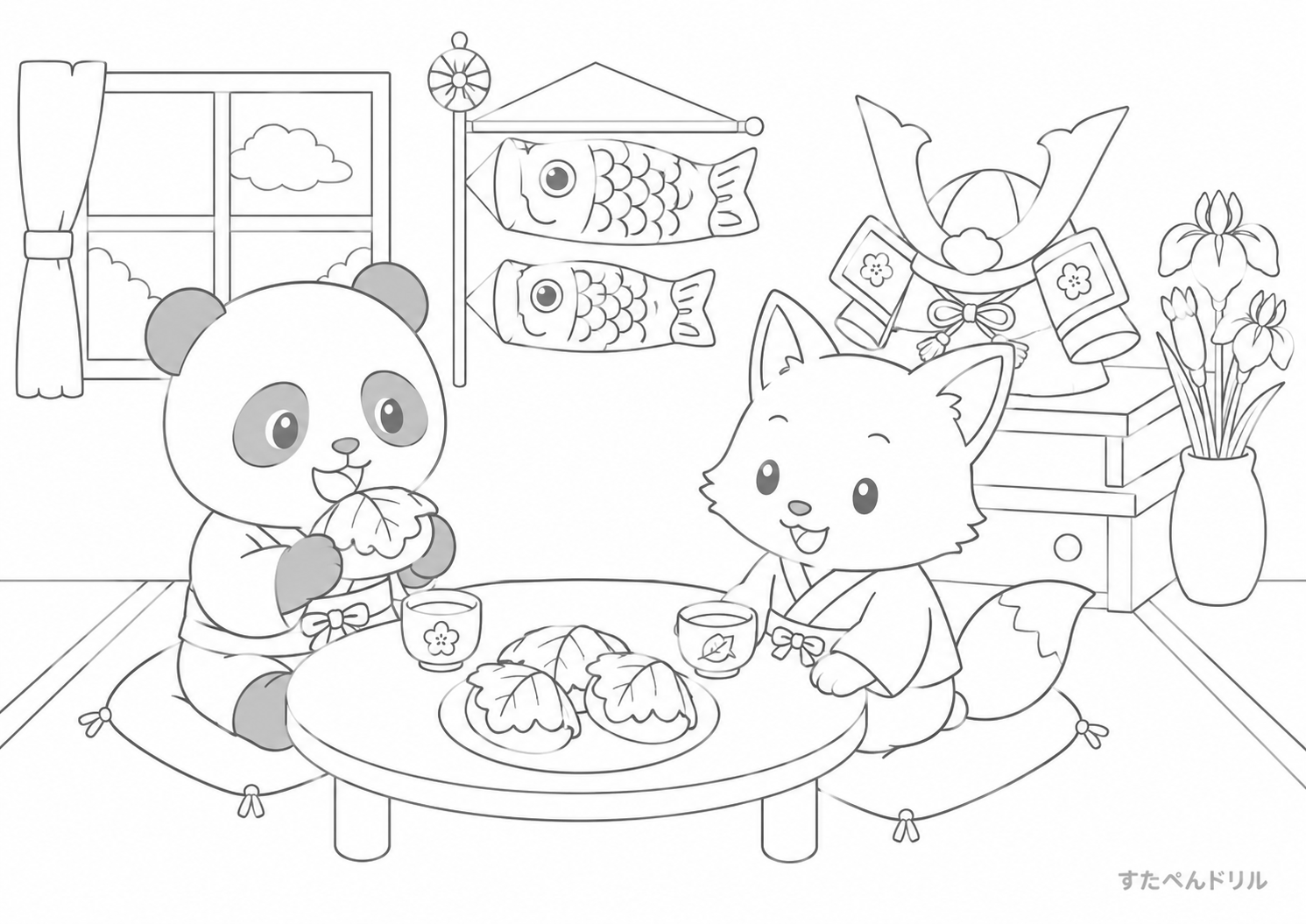 パンダときつねの柏餅のおやつ 5月 ぬりえ 塗り絵 無料 PDF