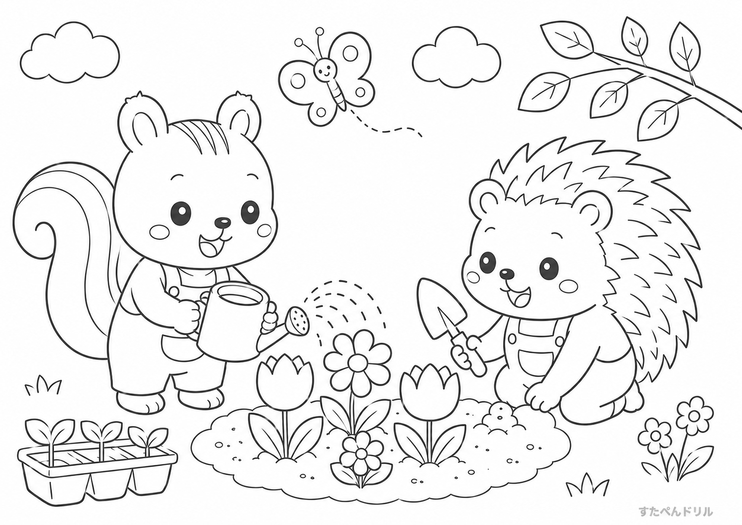 リスとハリネズミの春のガーデニング 5月 ぬりえ 塗り絵 無料 PDF