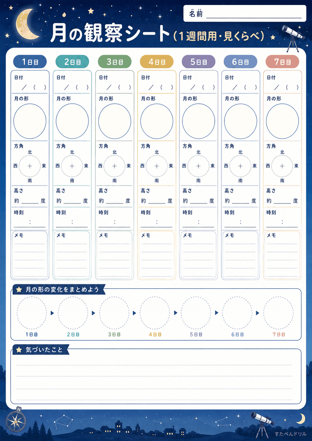 月の観察シート（1週間用・見くらべ）（A4無料PDFプリント）