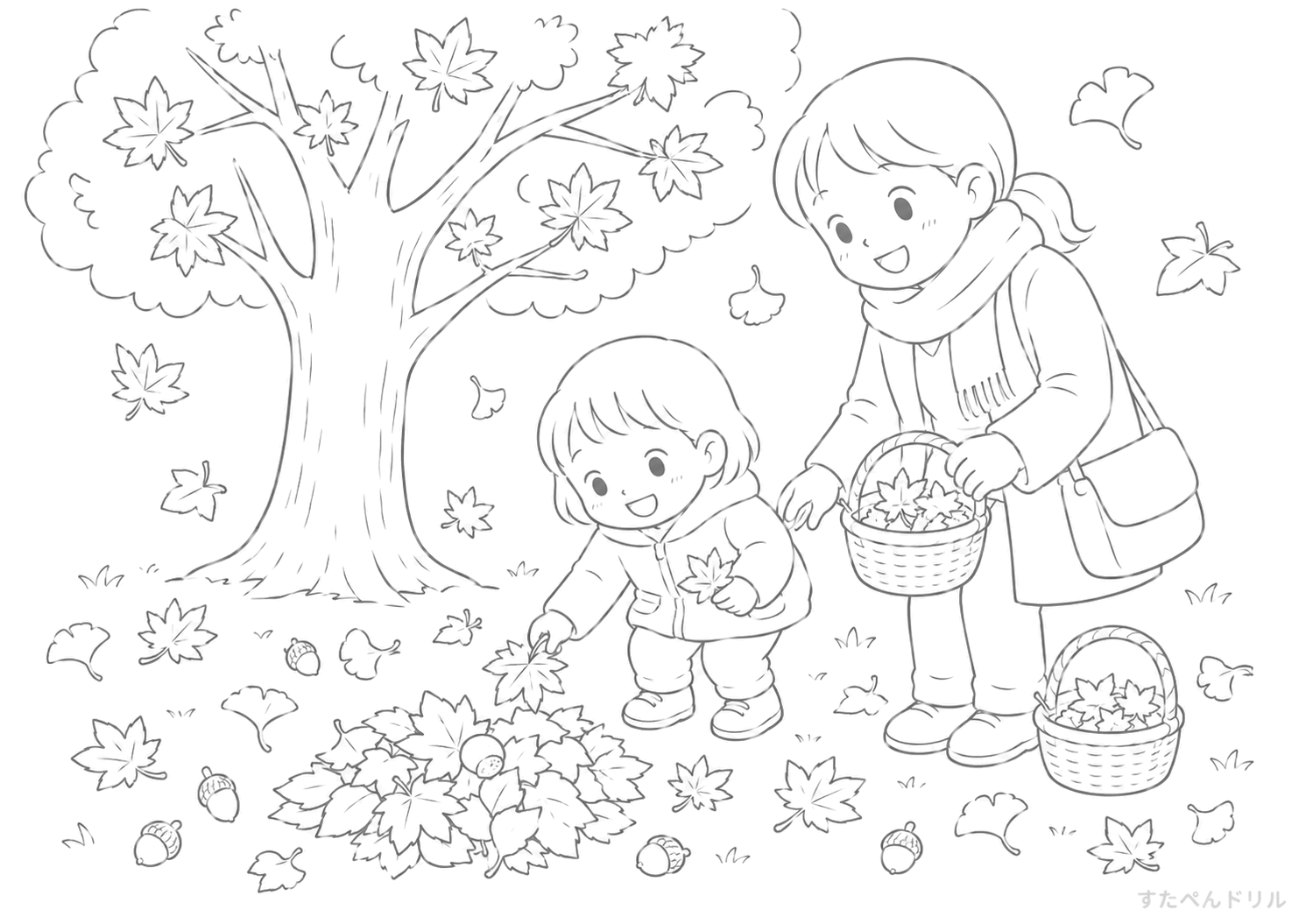 紅葉拾いをする親子 11月 ぬりえ 塗り絵 無料プリント PDF
