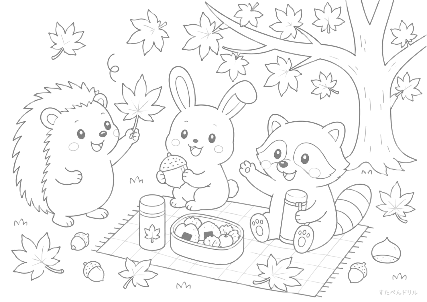 秋のピクニックと動物たち 11月 ぬりえ 塗り絵 無料プリント PDF