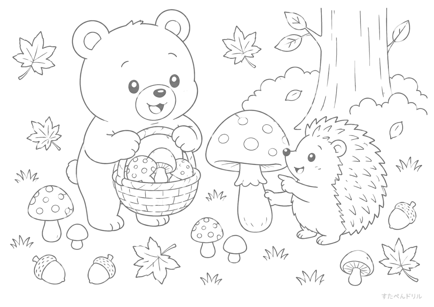 秋の森のキノコ収穫 11月 ぬりえ 塗り絵 無料プリント PDF