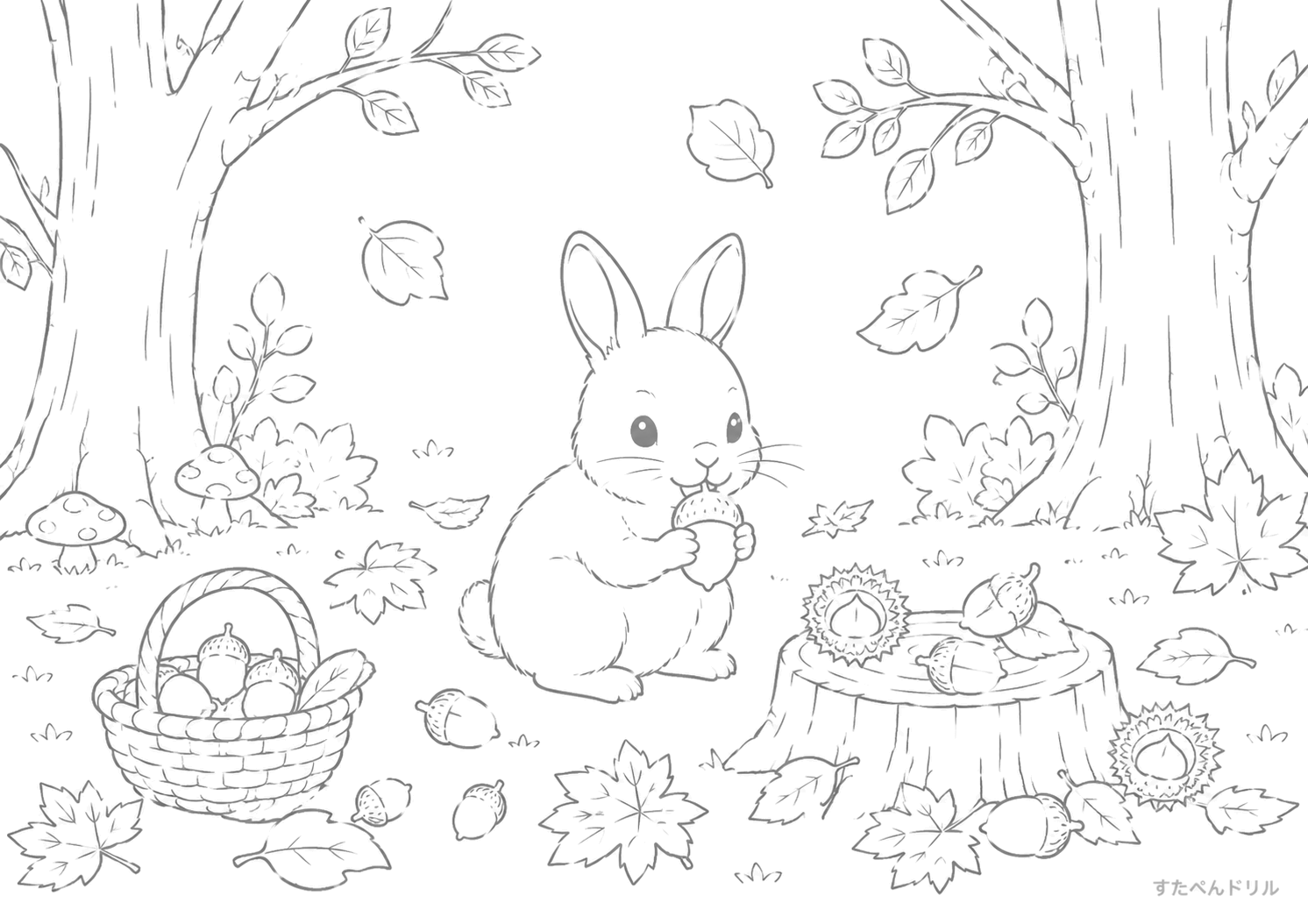 秋の森のうさぎとどんぐり 11月 ぬりえ 塗り絵 無料プリント PDF
