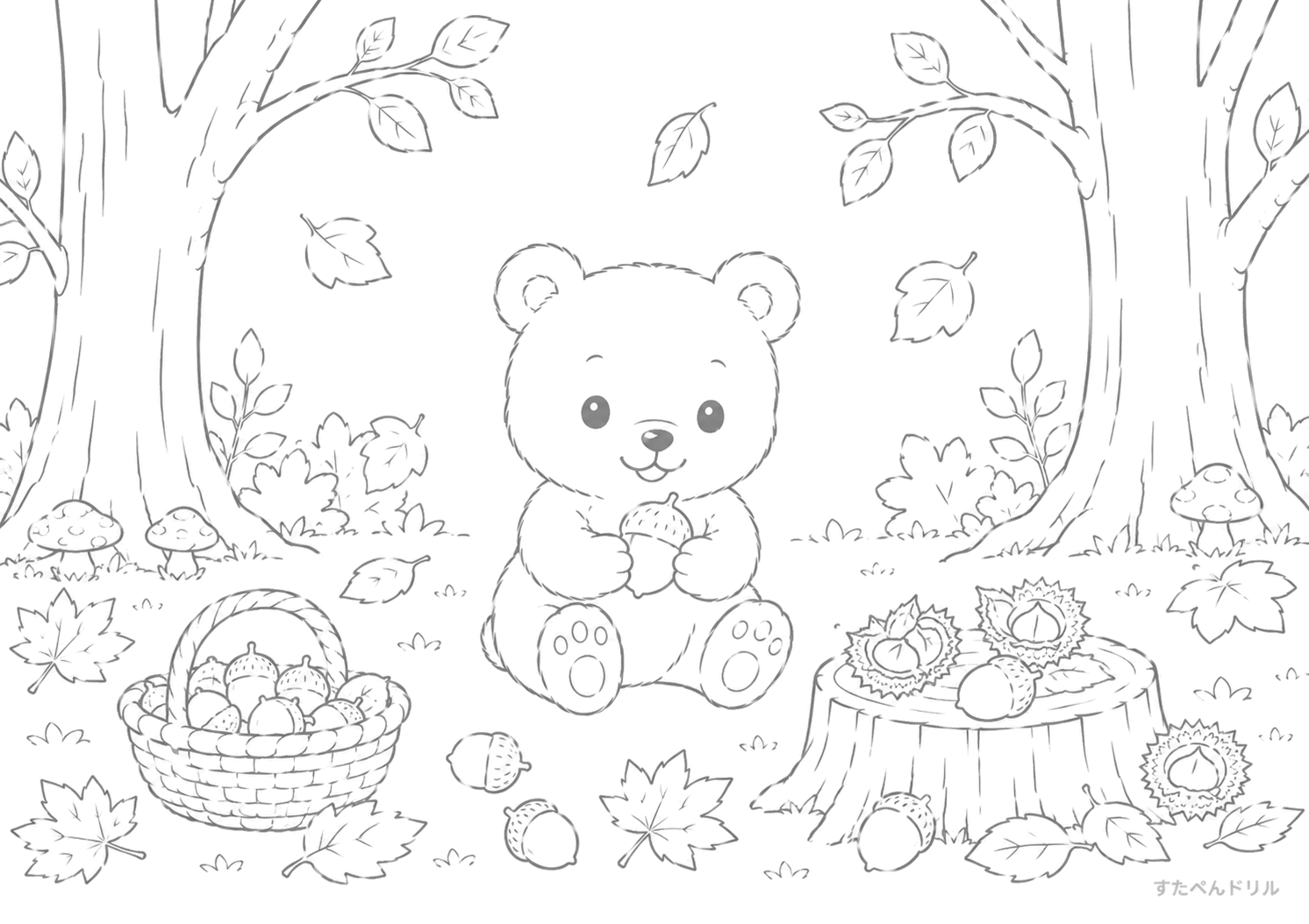 秋の森のくまと木の実 11月 ぬりえ 塗り絵 無料プリント PDF