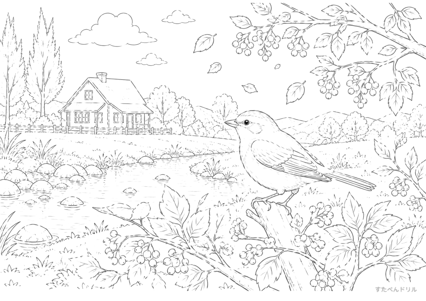 秋の実りと小鳥のいる風景 11月 ぬりえ 塗り絵 無料プリント PDF