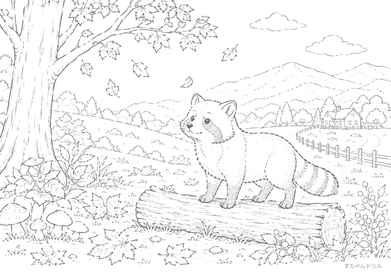 秋の野原のたぬきと山の風景 11月 ぬりえ 塗り絵 無料プリント PDF