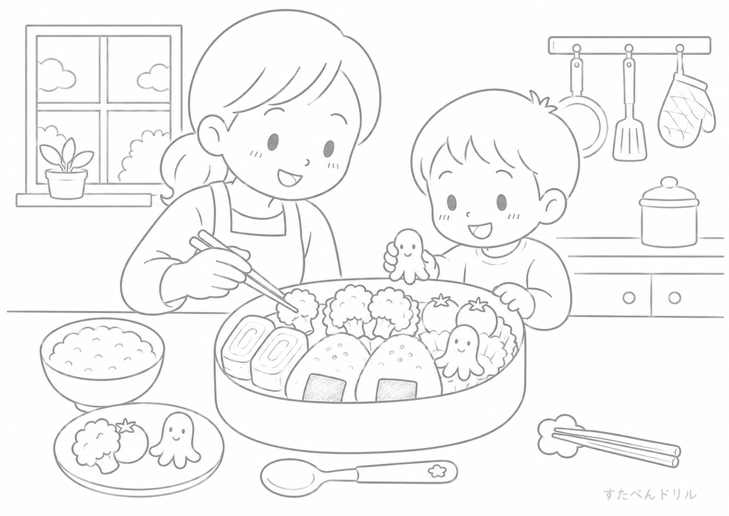 お弁当のぬりえ 野菜たっぷり弁当 無料PDFプリント No.06