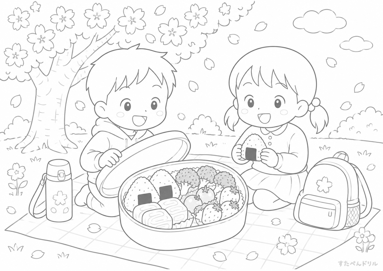 お弁当のぬりえ おかずいっぱい弁当 無料PDFプリント No.11