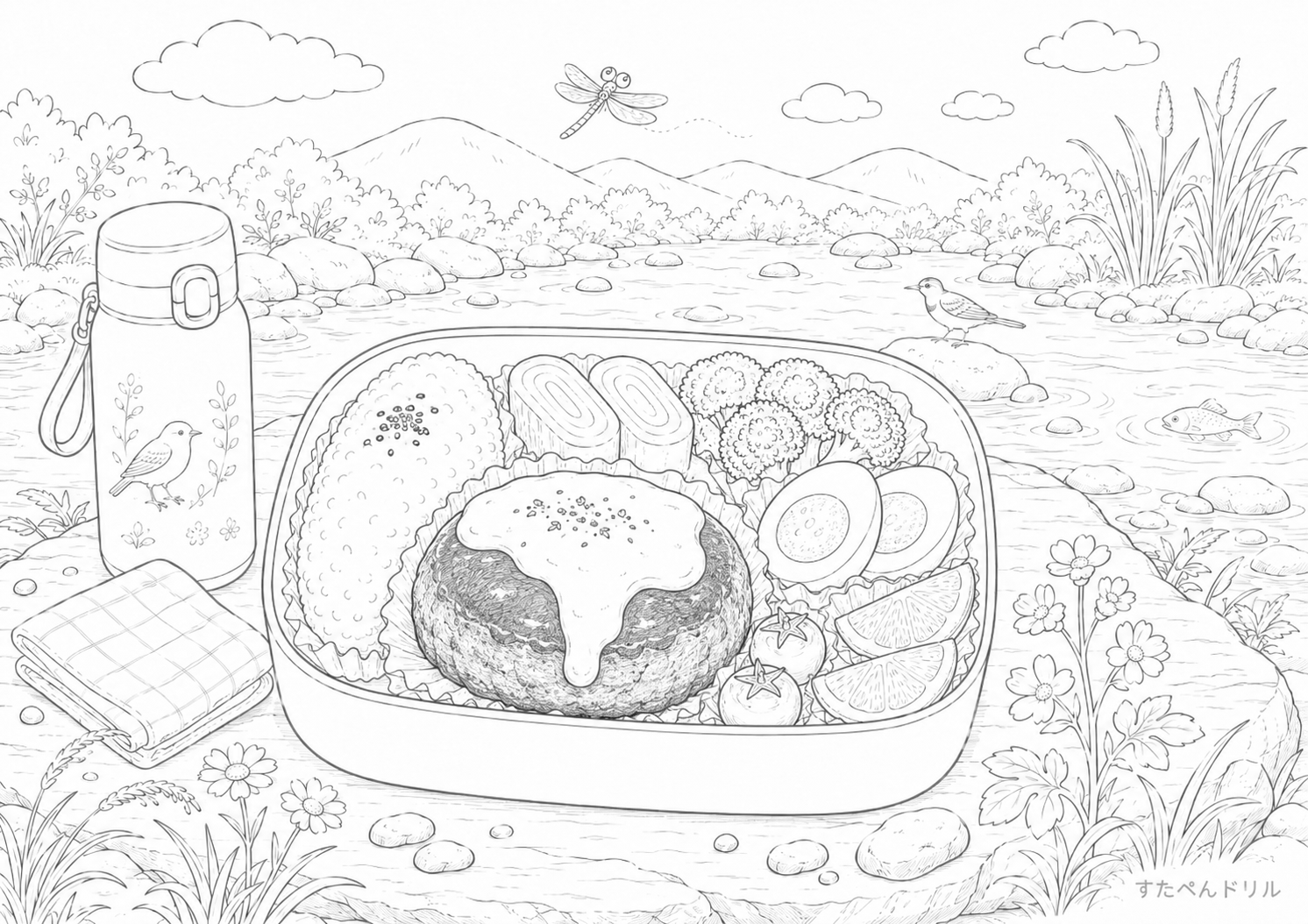お弁当のぬりえ 好きなおかずを考える弁当 無料PDFプリント No.19