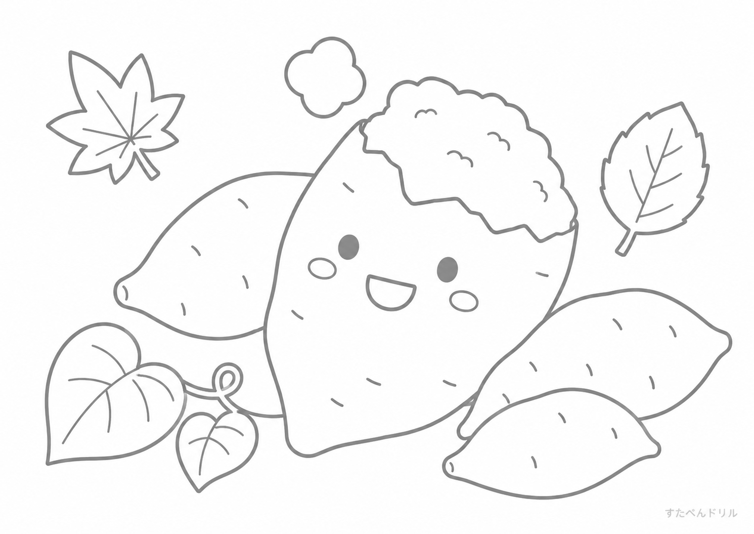 さつまいもと落ち葉 10月のぬりえ 塗り絵無料プリント PDFダウンロード