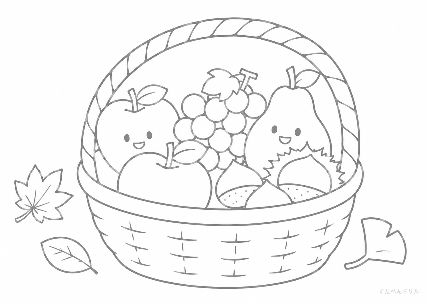 秋のくだものバスケット 10月のぬりえ 塗り絵無料プリント PDFダウンロード